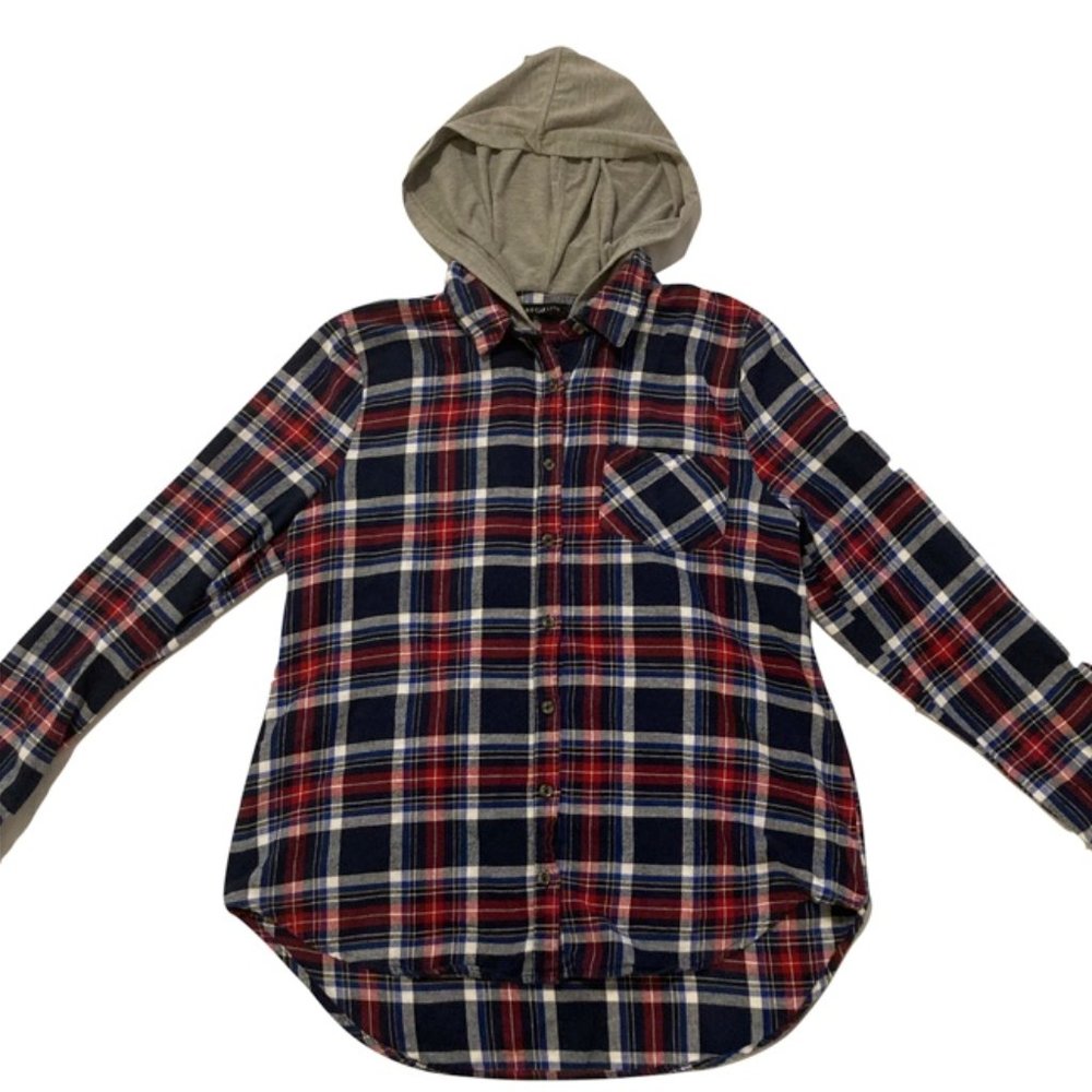 Socialite Red and Blue Plaid Flannel Button Down with Grey Hoodie